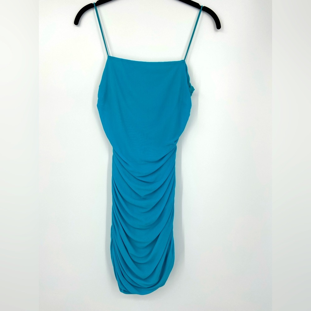 Princess Polly Turquoise Green Mini dress, spaghetti straps, Ruched sides, SZ 6